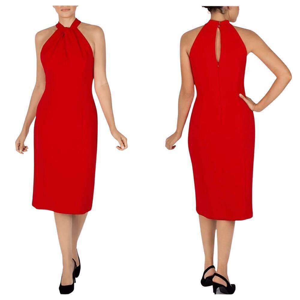 JULIA JORDAN Dress Twist Halter Neck Sleevless Midi Crepe Sheath Keyhole Red 14